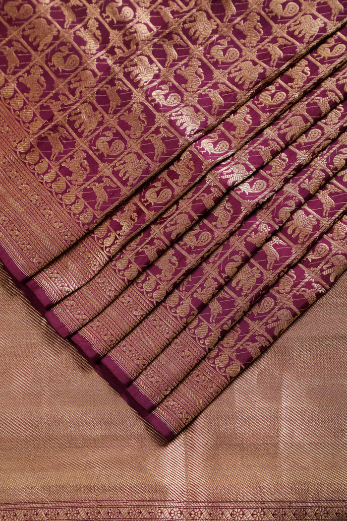 Wine Handloom Benarasi Katan Silk Saree - Shikargah Design with Checks
