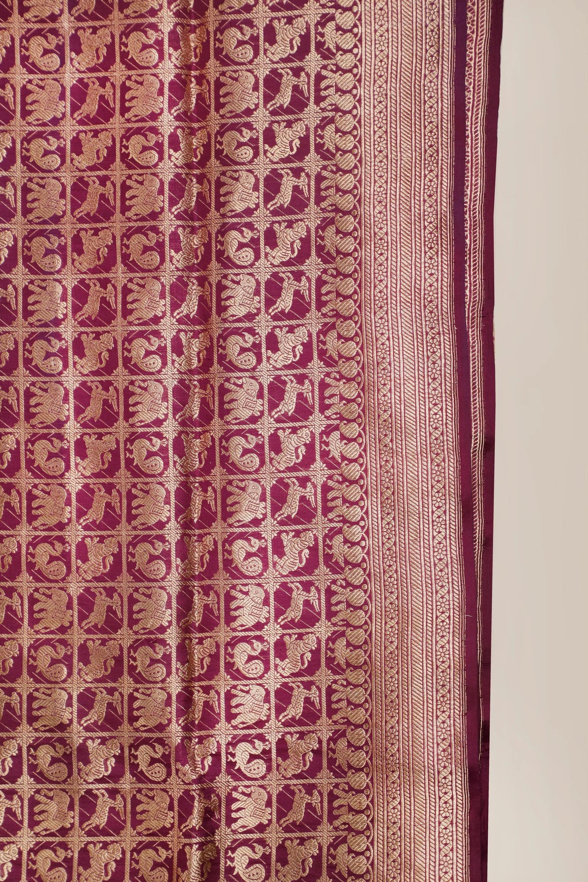 Wine Handloom Benarasi Katan Silk Saree - Shikargah Design with Checks
