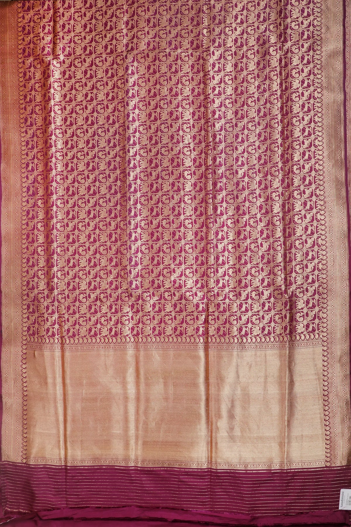 Wine Handloom Benarasi Katan Silk Saree - Shikargah Design with Checks