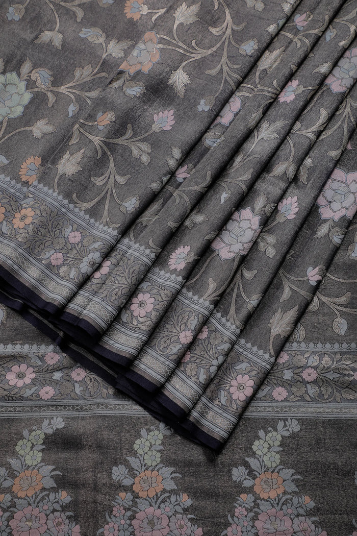 Grey Purple Handloom Benarasi Tussar Moonga Pure Sillk Saree