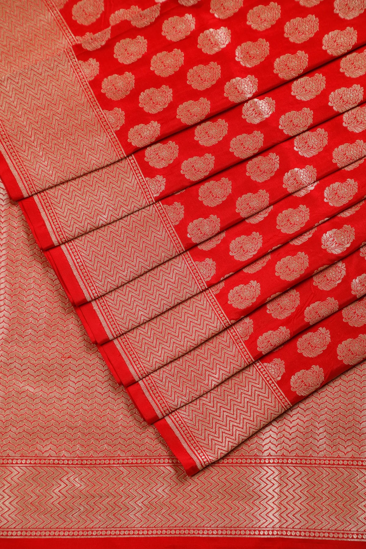 Tomato Red Handloom Benarasi Katan Silk Saree with Paisley Buttis