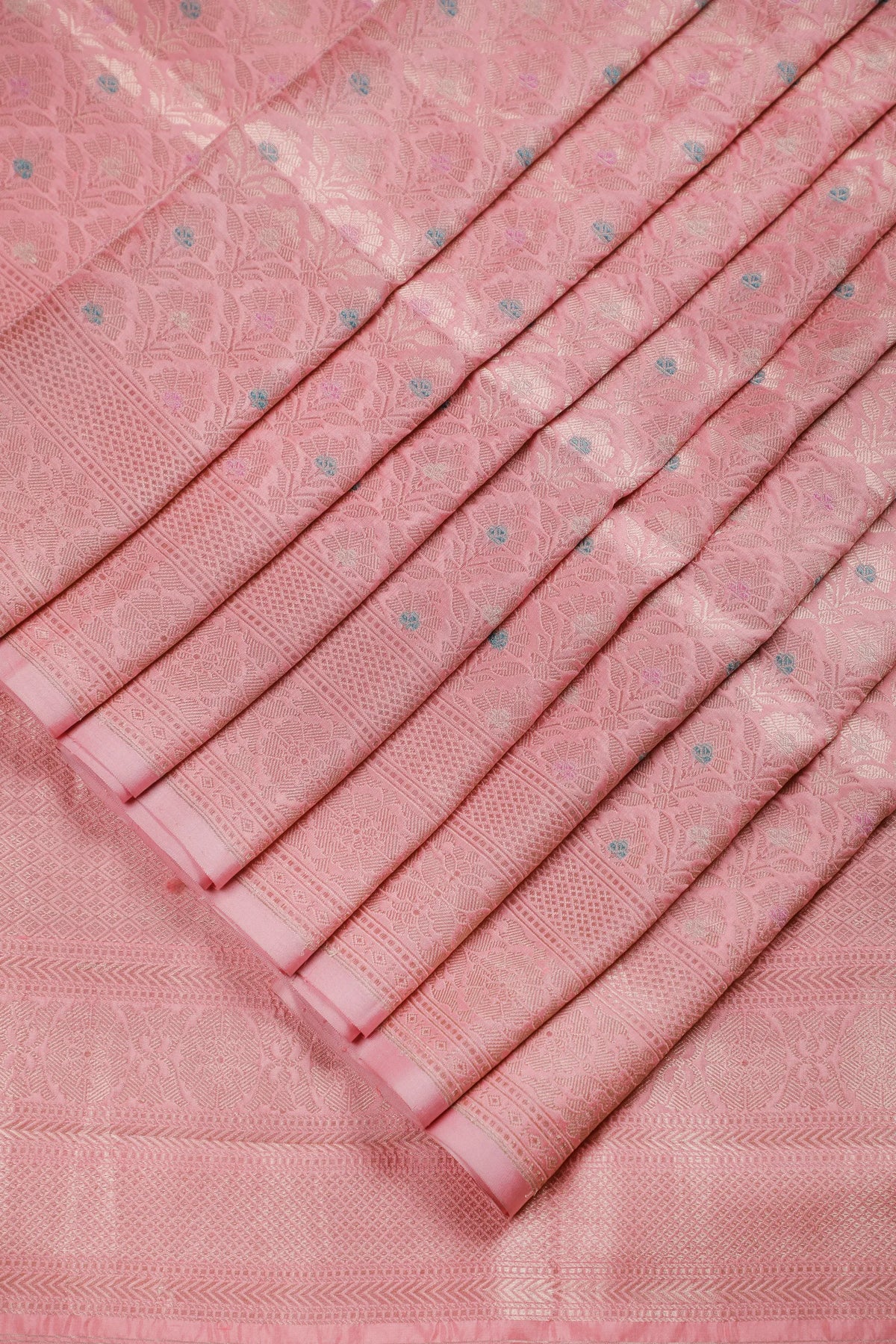 Baby Pink Handloom Benarasi Katan Silk Saree with Sky Blue Meenakari Work