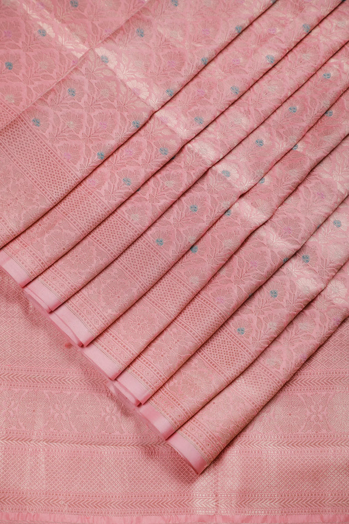 Baby Pink Handloom Benarasi Katan Silk Saree with Sky Blue Meenakari Work