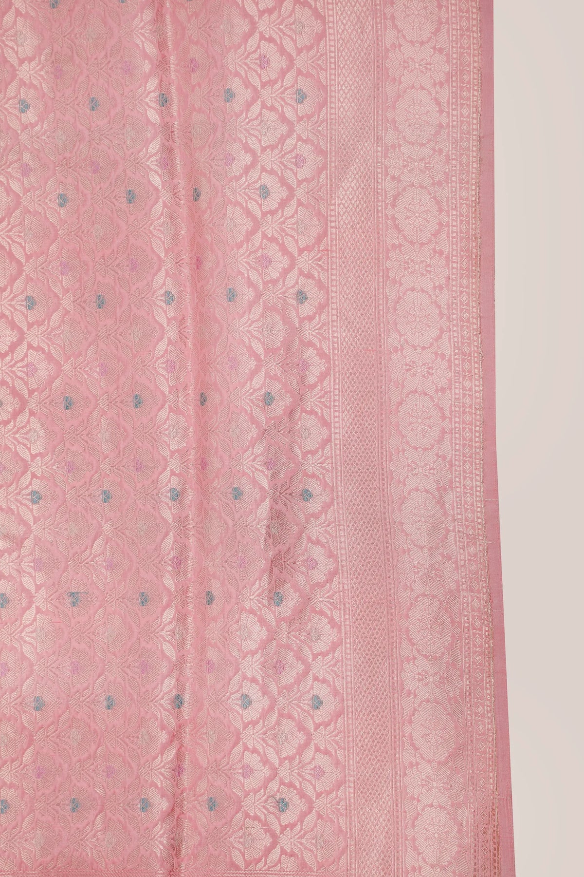Baby Pink Handloom Benarasi Katan Silk Saree with Sky Blue Meenakari Work