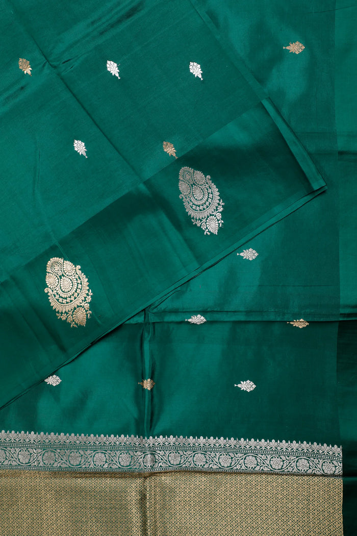 Emerald Green Pure Silk Handloom Mashru Benarasi Saree - detail 1