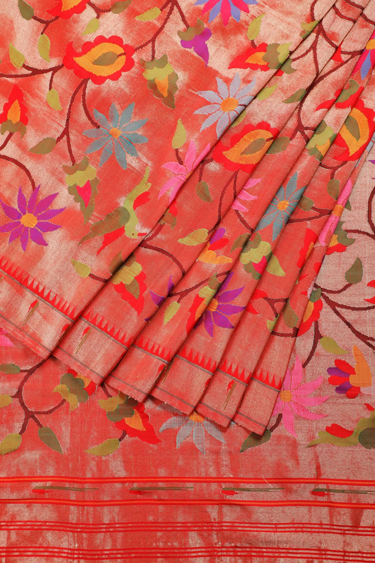 Red Pure Silk Handloom Tissue Paithani with All Over Design and Muniya Border