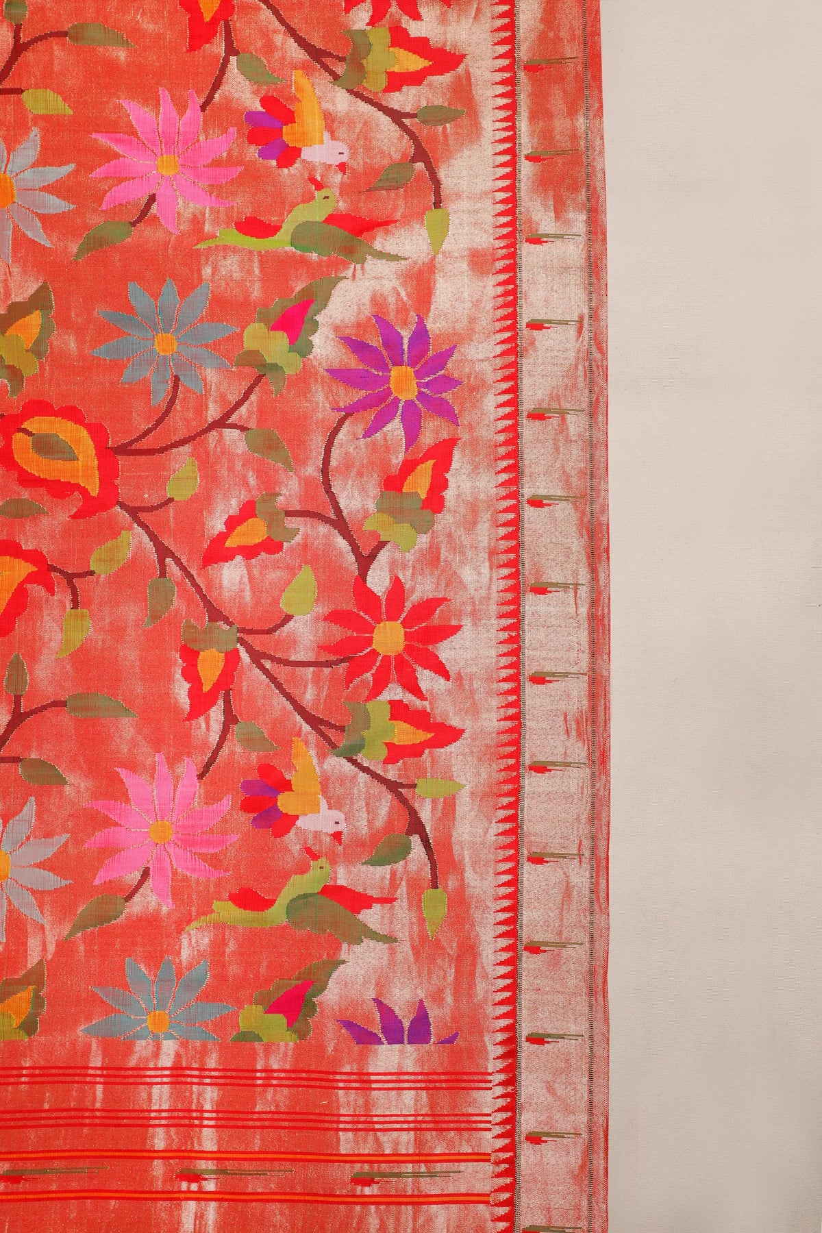 Red Pure Silk Handloom Tissue Paithani with All Over Design and Muniya Border