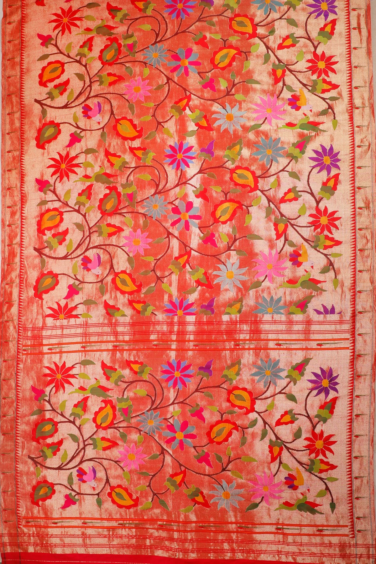 Red Pure Silk Handloom Tissue Paithani with All Over Design and Muniya Border