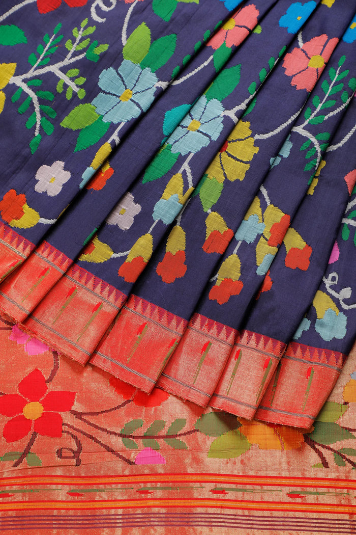 Navy Blue Pure Silk Handloom All Over Paithani Saree - Silk by Silk