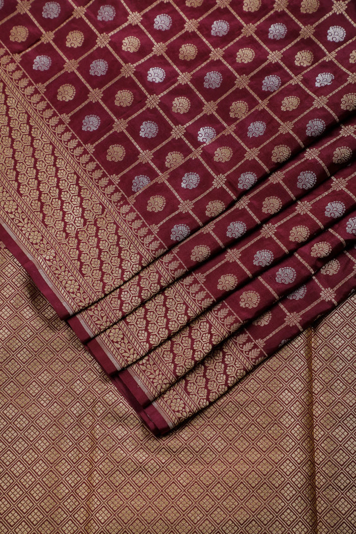 Wine Handloom Benarasi Katan Silk Saree with Checks