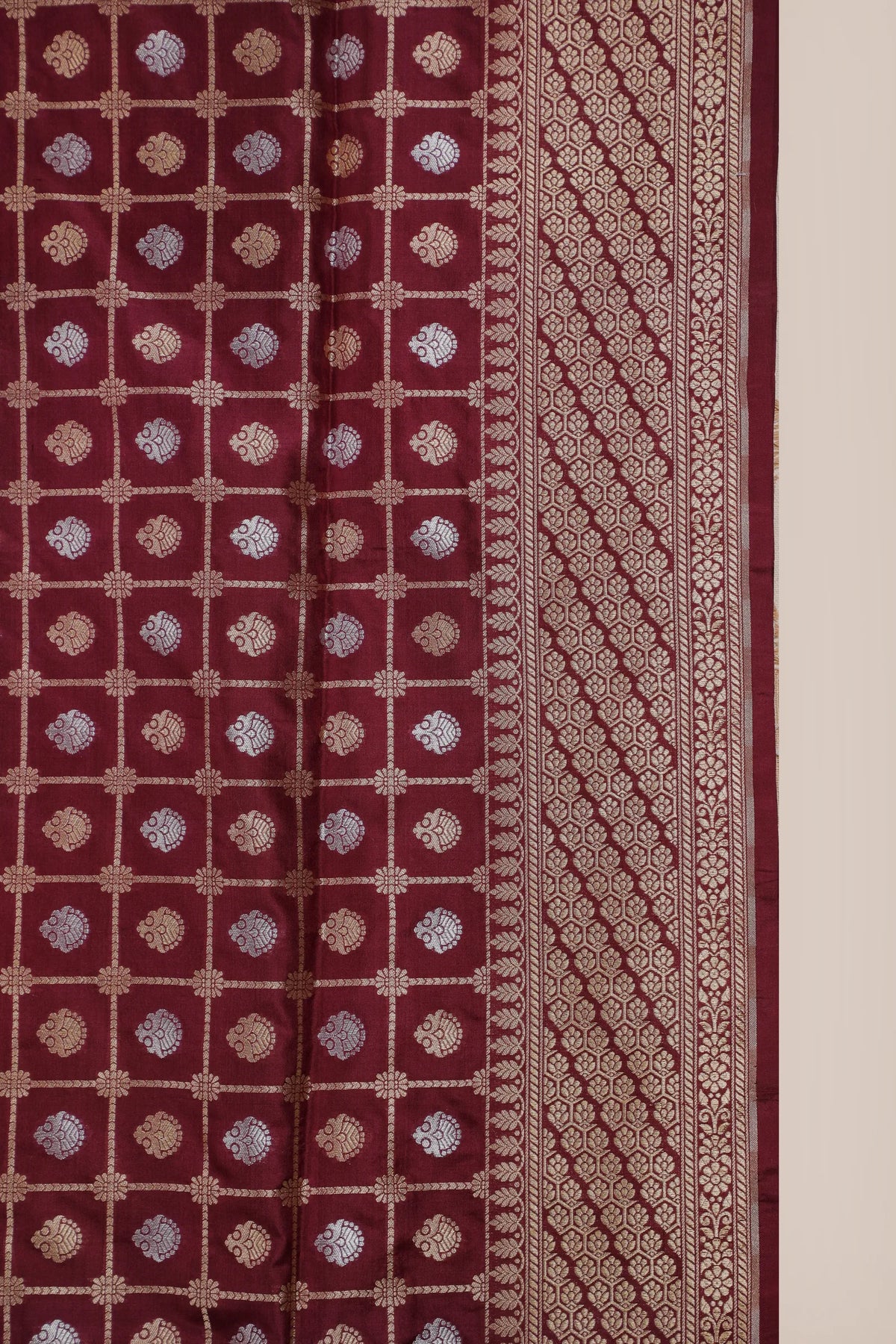 Wine Handloom Benarasi Katan Silk Saree with Checks
