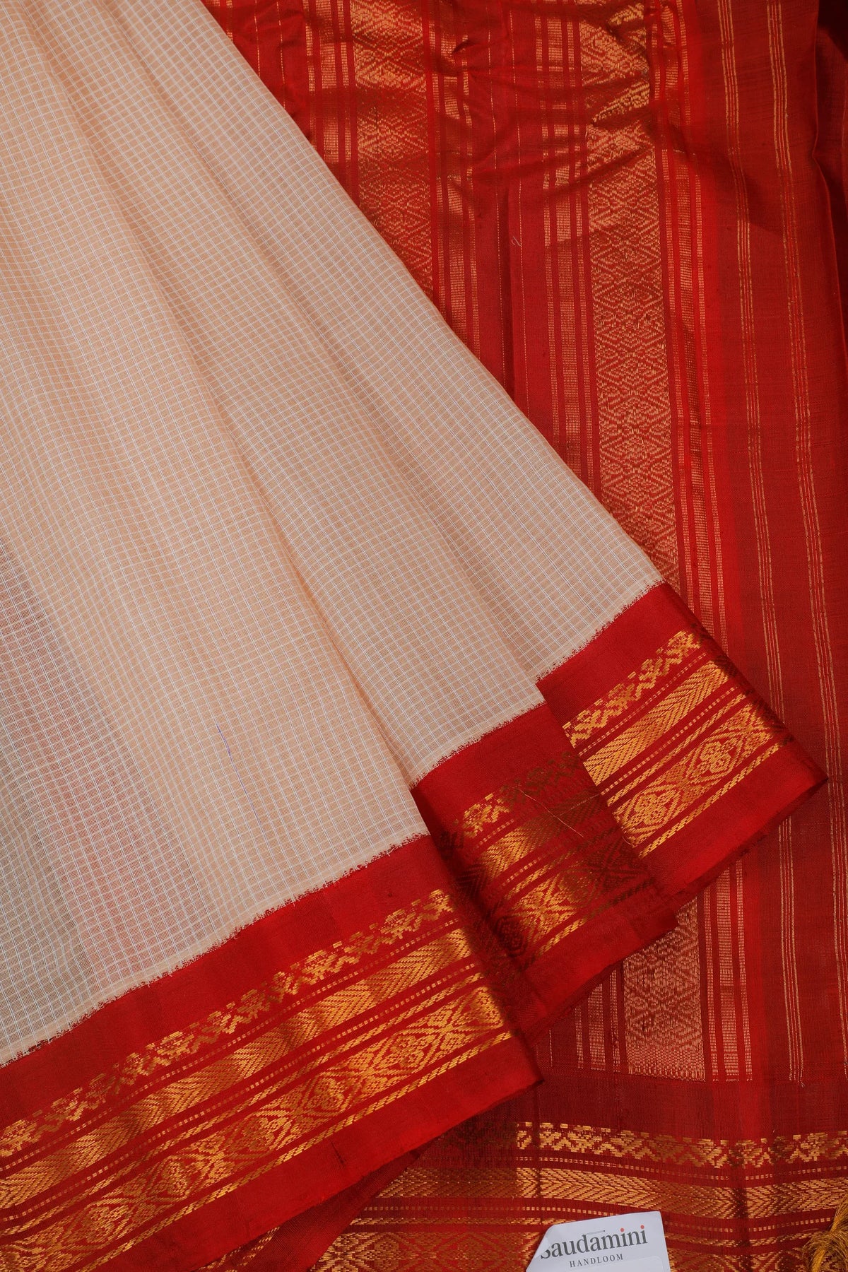 White Handloom Pure Cotton Gadwal Saree with Maroon Border