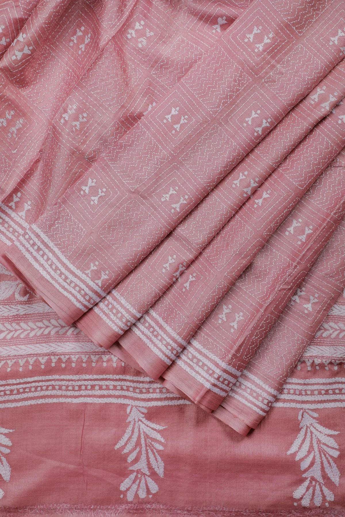 Onion Pink Handloom Pure Silk Katha Work Saree with White Hand Embroidery