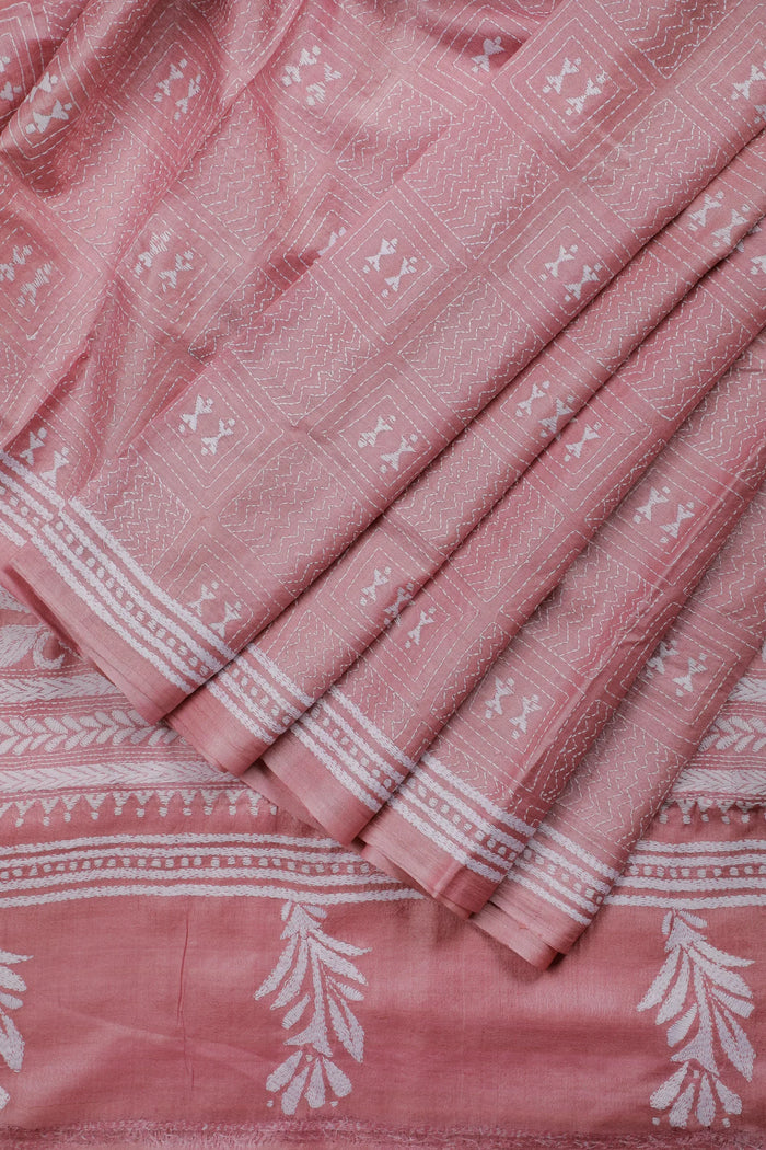 Onion Pink Handloom Pure Silk Katha Work Saree with White Hand Embroidery