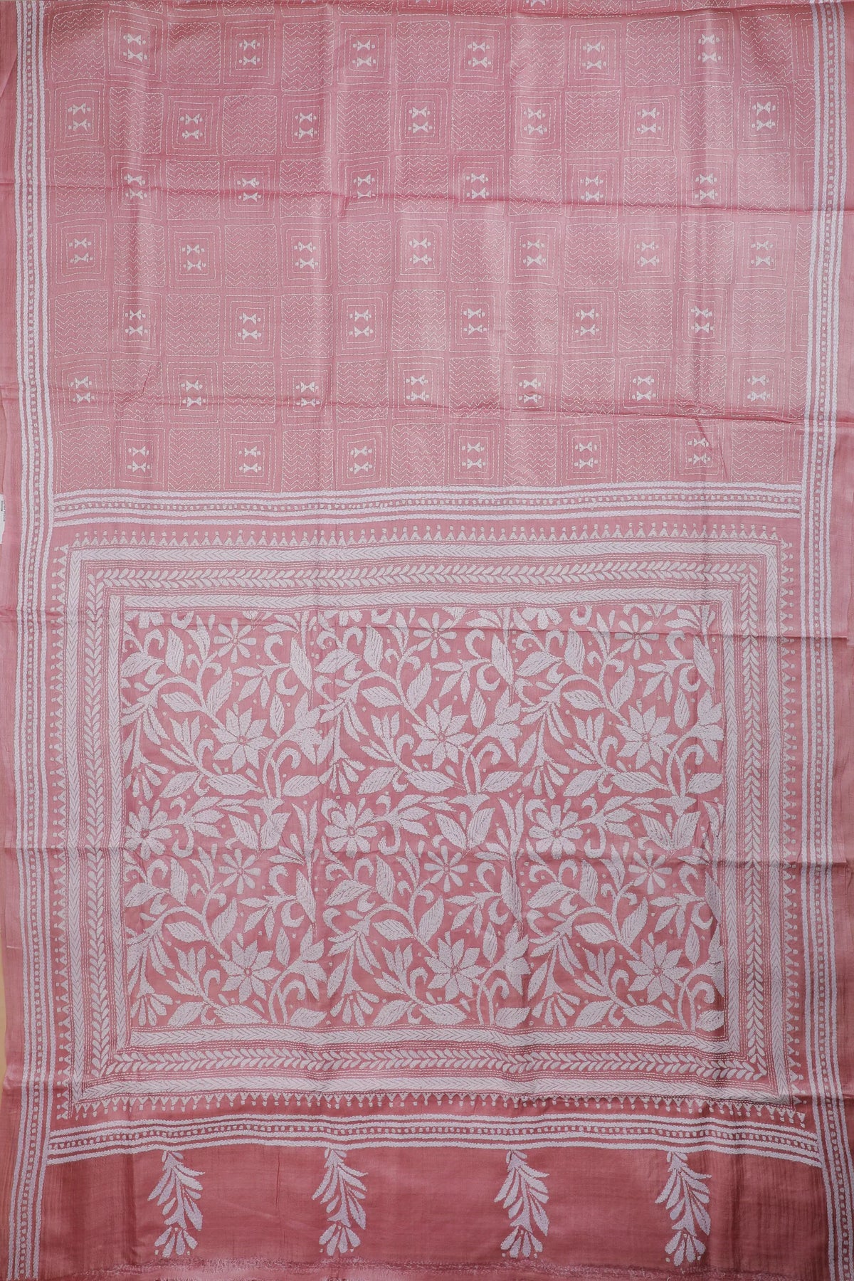 Onion Pink Handloom Pure Silk Katha Work Saree with White Hand Embroidery