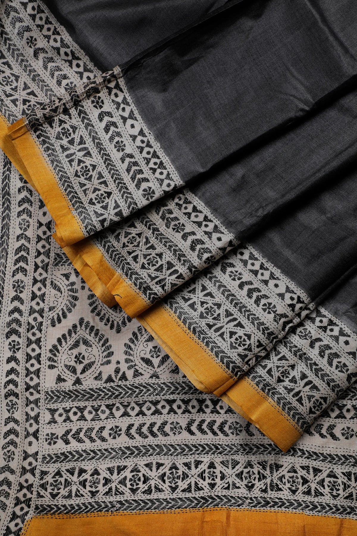 Black Handloom Pure Silk Katha Work Saree