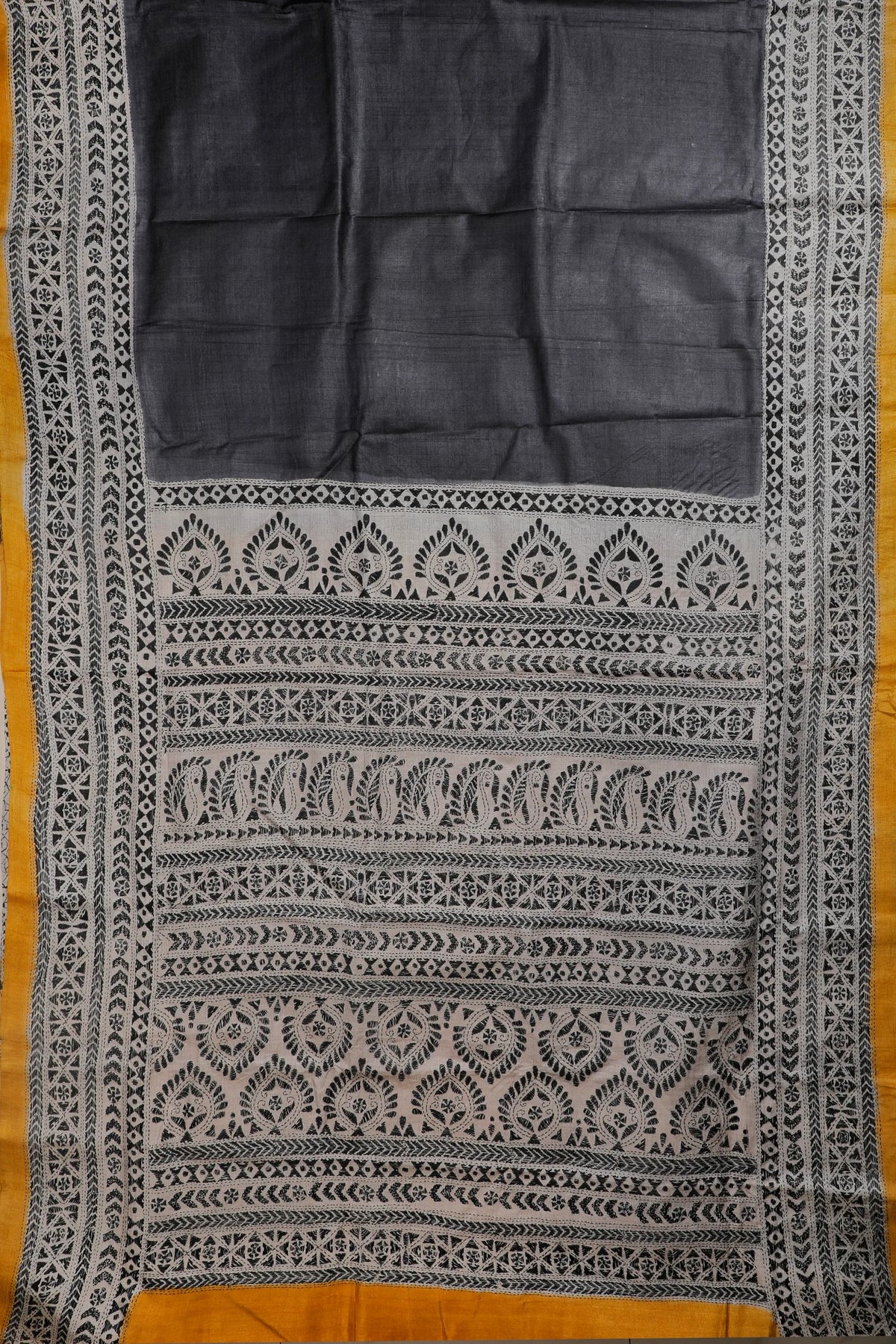 Black Handloom Pure Silk Katha Work Saree