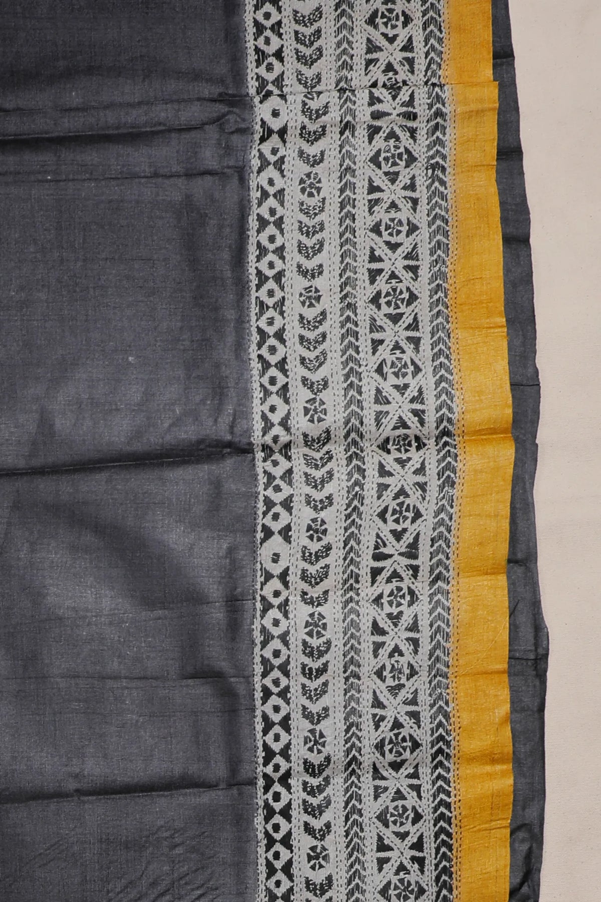 Black Handloom Pure Silk Katha Work Saree