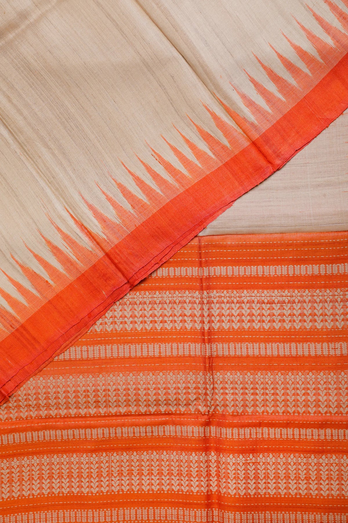 Beige Orissa Ikkat Tussar Pure Silk Handloom Saree with Orange Temple Border