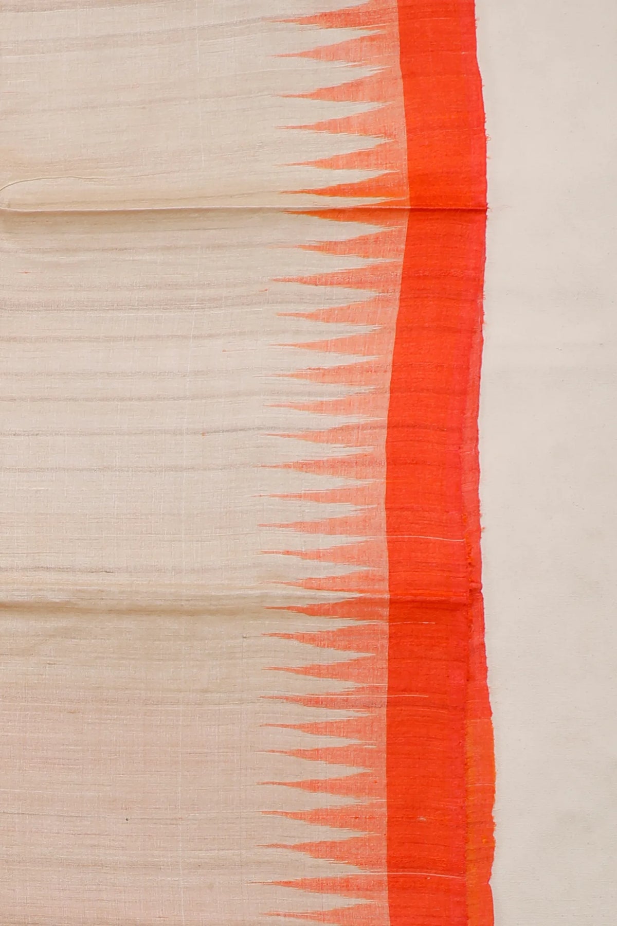Beige Orissa Ikkat Tussar Pure Silk Handloom Saree with Orange Temple Border
