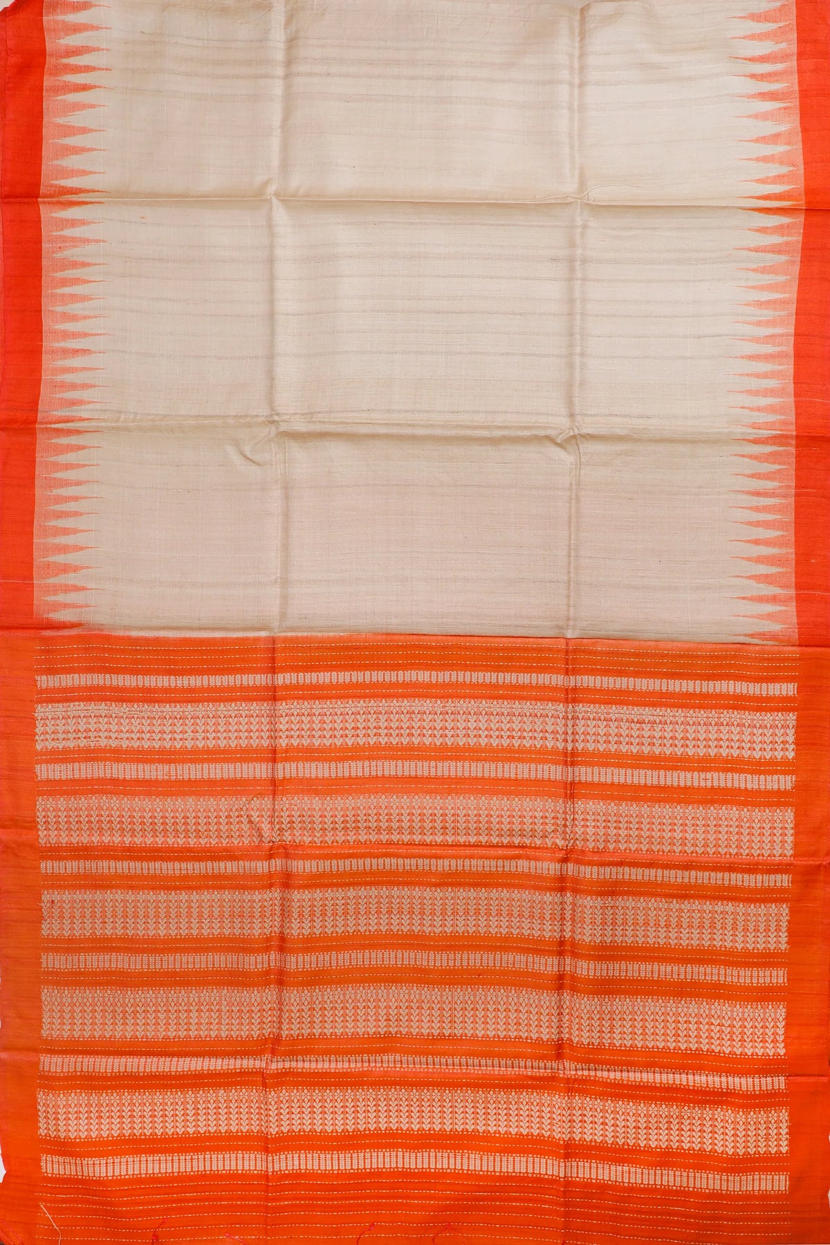 Beige Orissa Ikkat Tussar Pure Silk Handloom Saree with Orange Temple Border