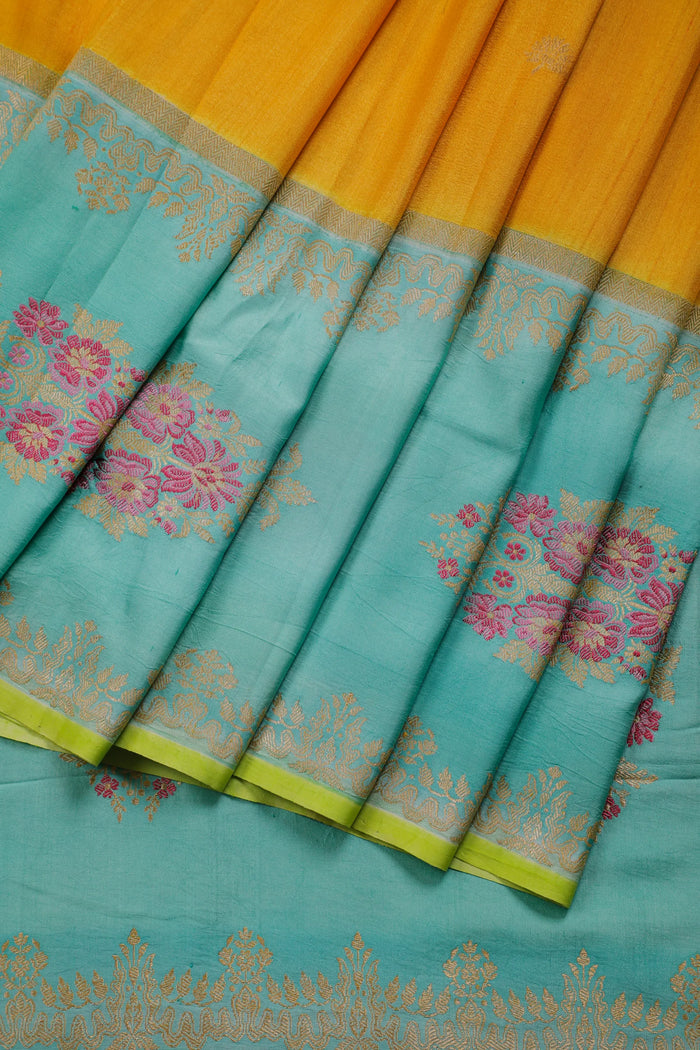 Yellow Handloom Benarasi Tussar Moonga Pure Sillk Saree