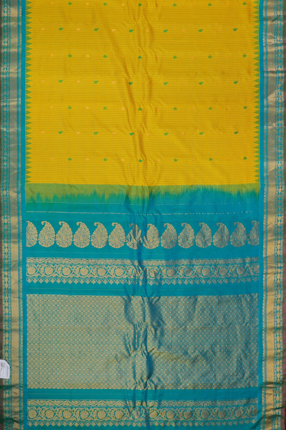 Mustard Yellow Handloom Pure Silk Gadwal Saree with Temple Border