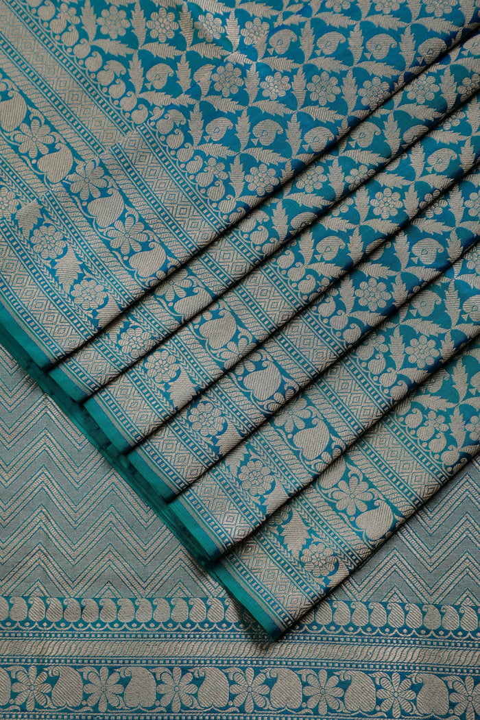 Teal Blue Handloom Benarasi Katan Silk Saree