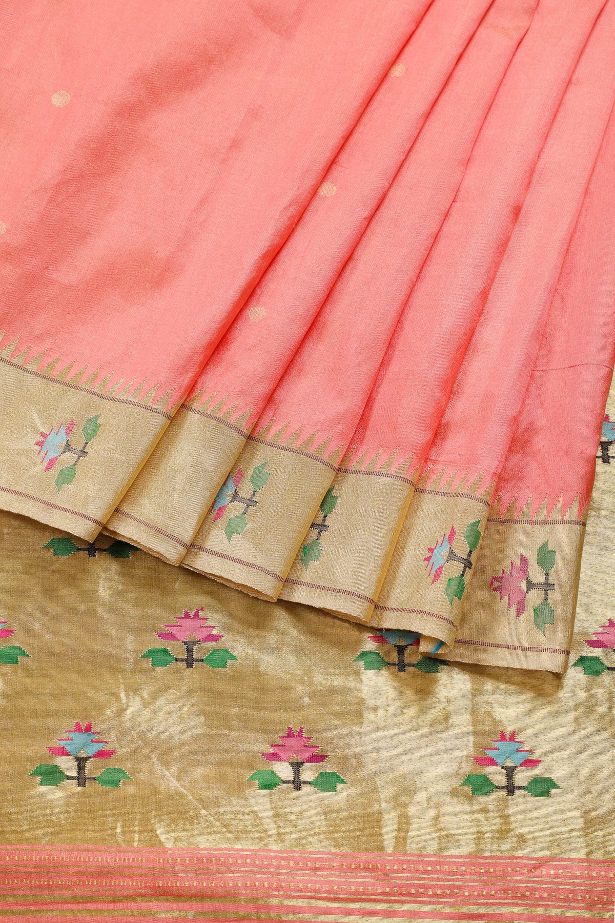 Peach Pure Silk Handloom Paithani Tissue Saree with Asawali Pallu - Revival Design