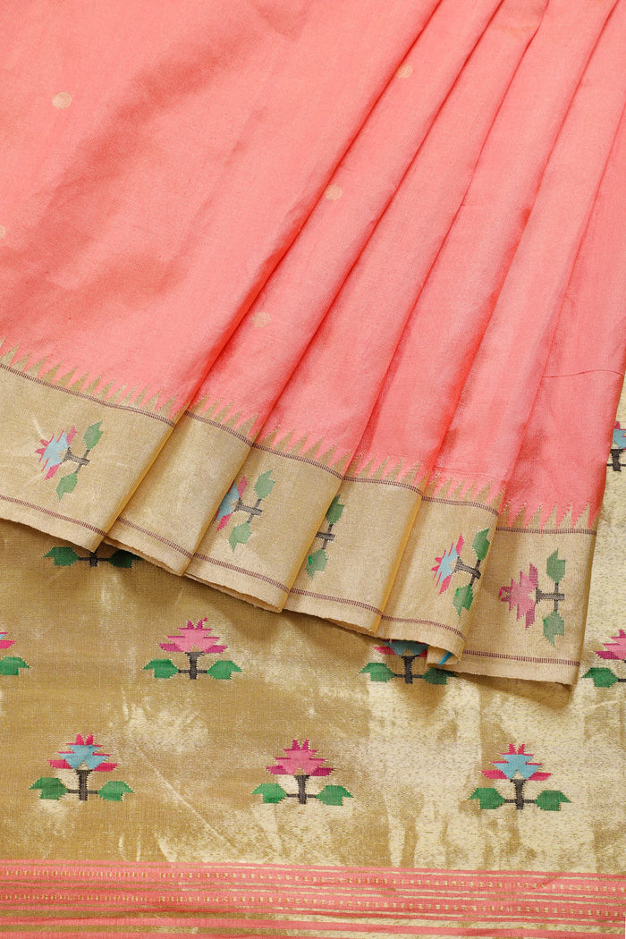 Peach Pure Silk Handloom Paithani Tissue Saree with Asawali Pallu - Revival Design