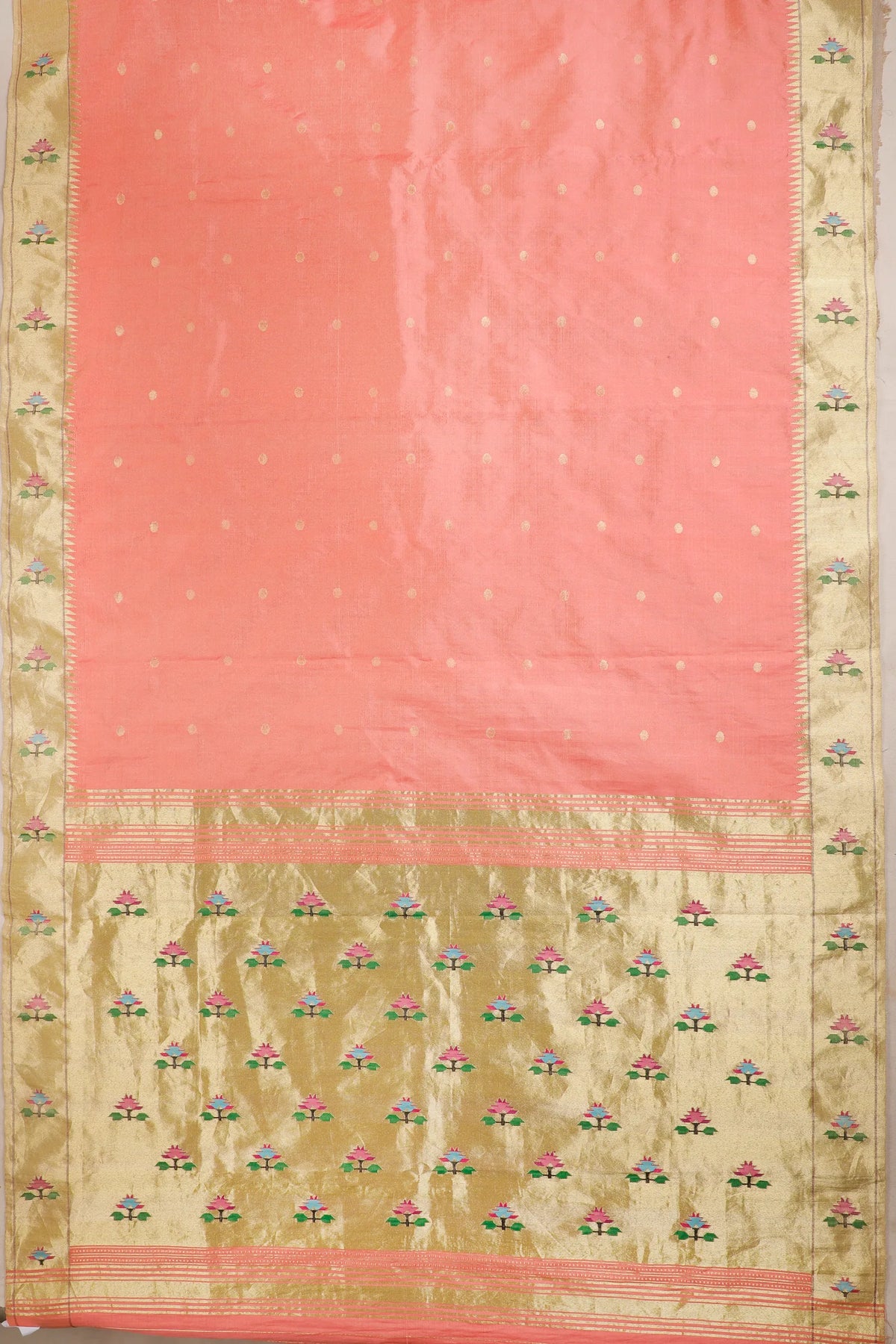 Peach Pure Silk Handloom Paithani Tissue Saree with Asawali Pallu - Revival Design