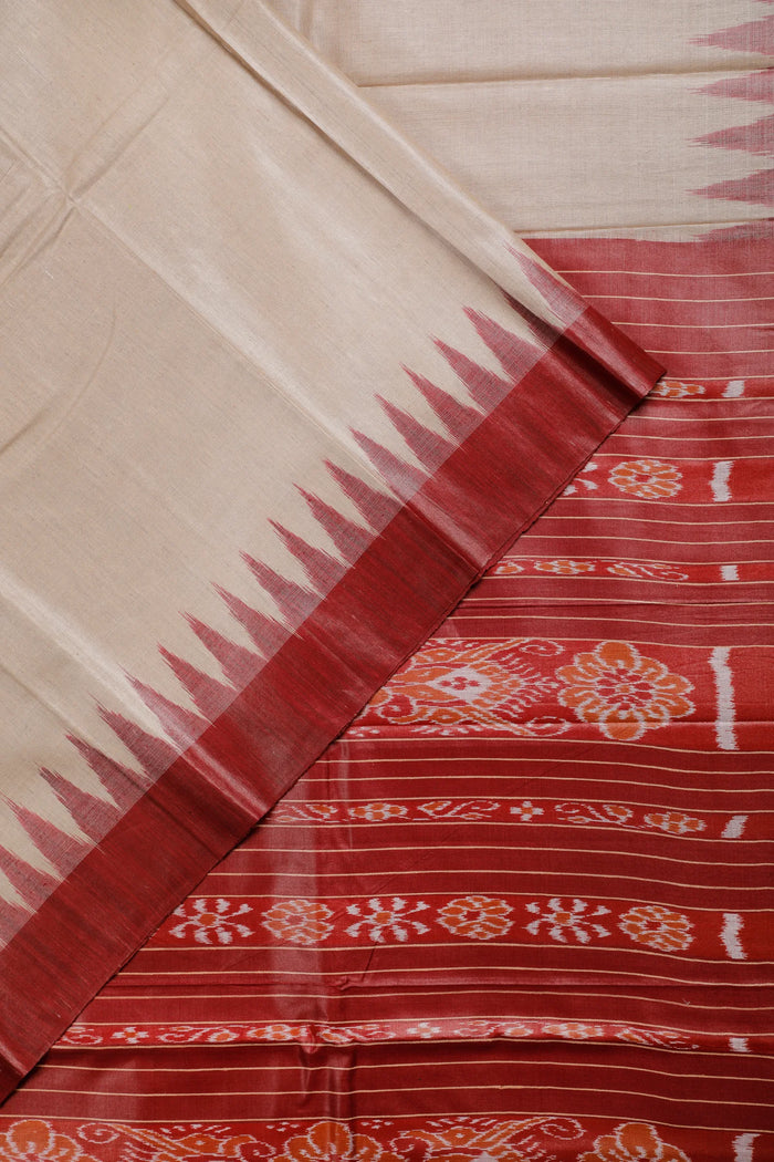 Beige Handloom Tussar Silk Saree with Maroon Temple Border - detail 1