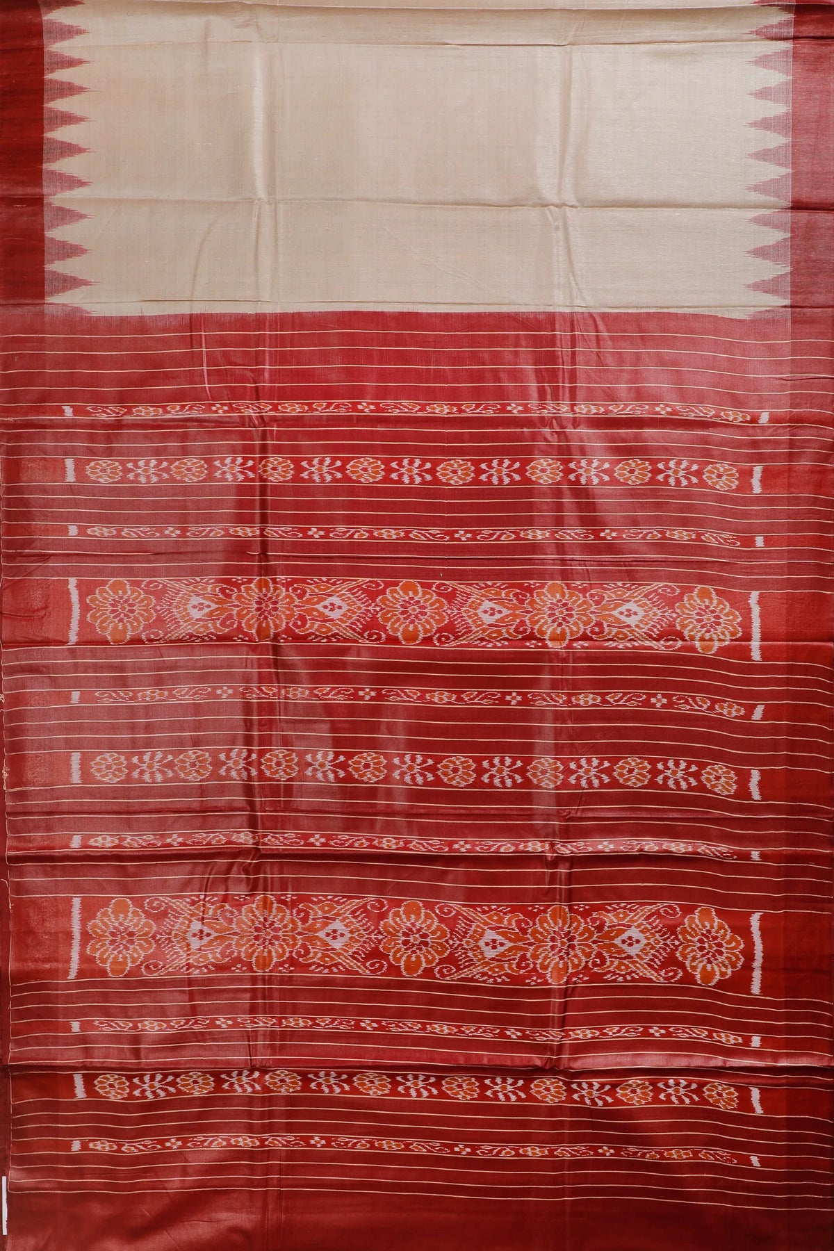 Beige Handloom Tussar Silk Saree with Maroon Temple Border
