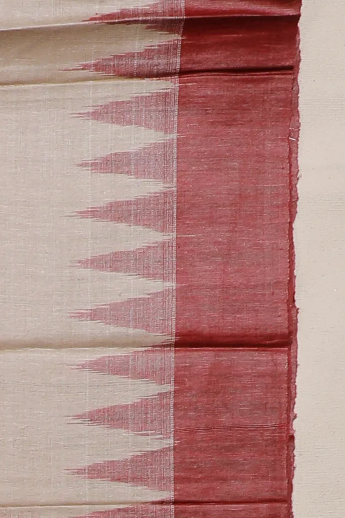 Beige Handloom Tussar Silk Saree with Maroon Temple Border