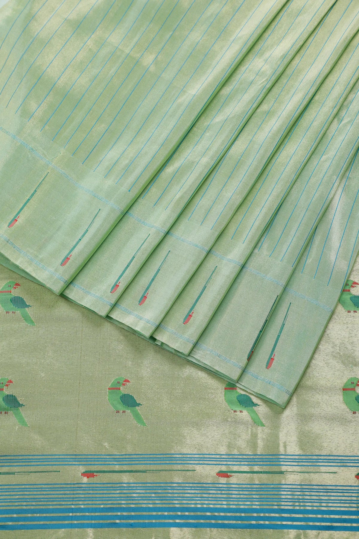 Sea Green Pure Silk Handloom Tissue Paithani Saree with Stripes