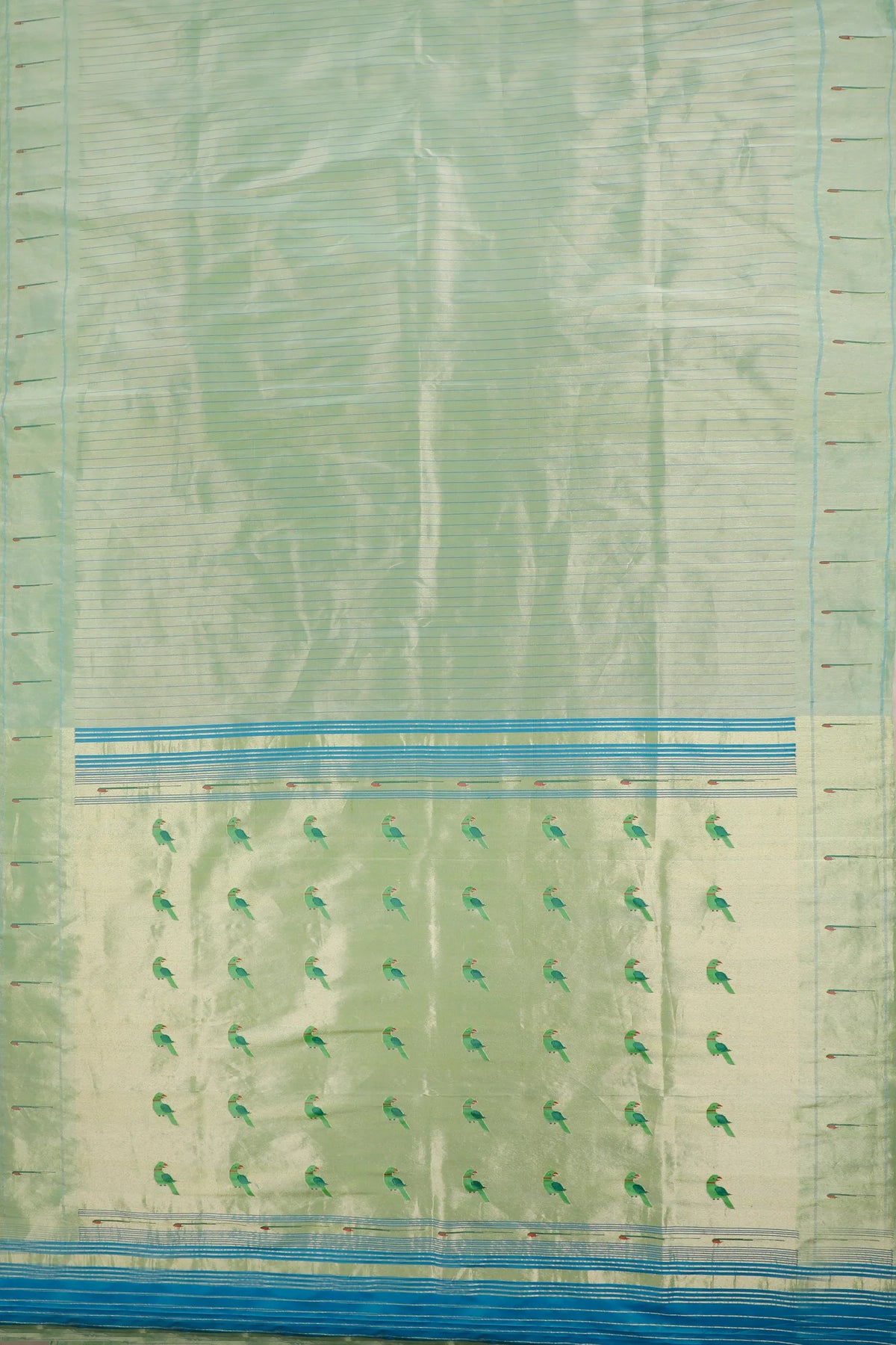 Sea Green Pure Silk Handloom Tissue Paithani Saree with Stripes