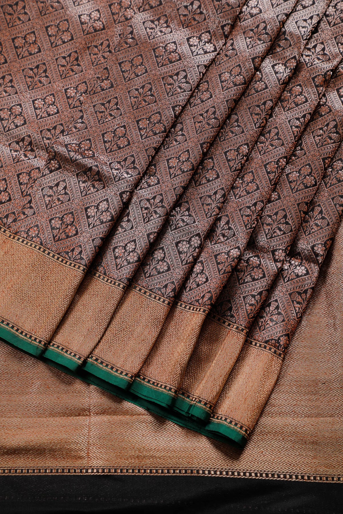 Black Benarasi Katan Pure Silk Saree with Copper Brocade Weave