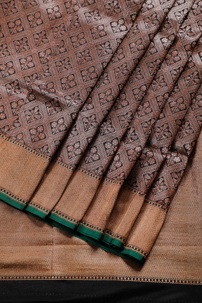 Black Benarasi Katan Pure Silk Saree with Copper Brocade Weave
