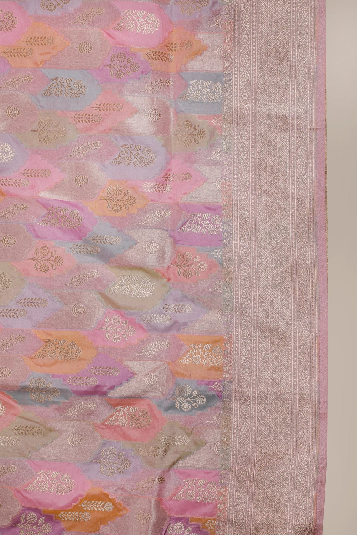 Multicoloured Pastel Handloom Benarasi Pure Silk Rangkat Saree with Floral Buttis