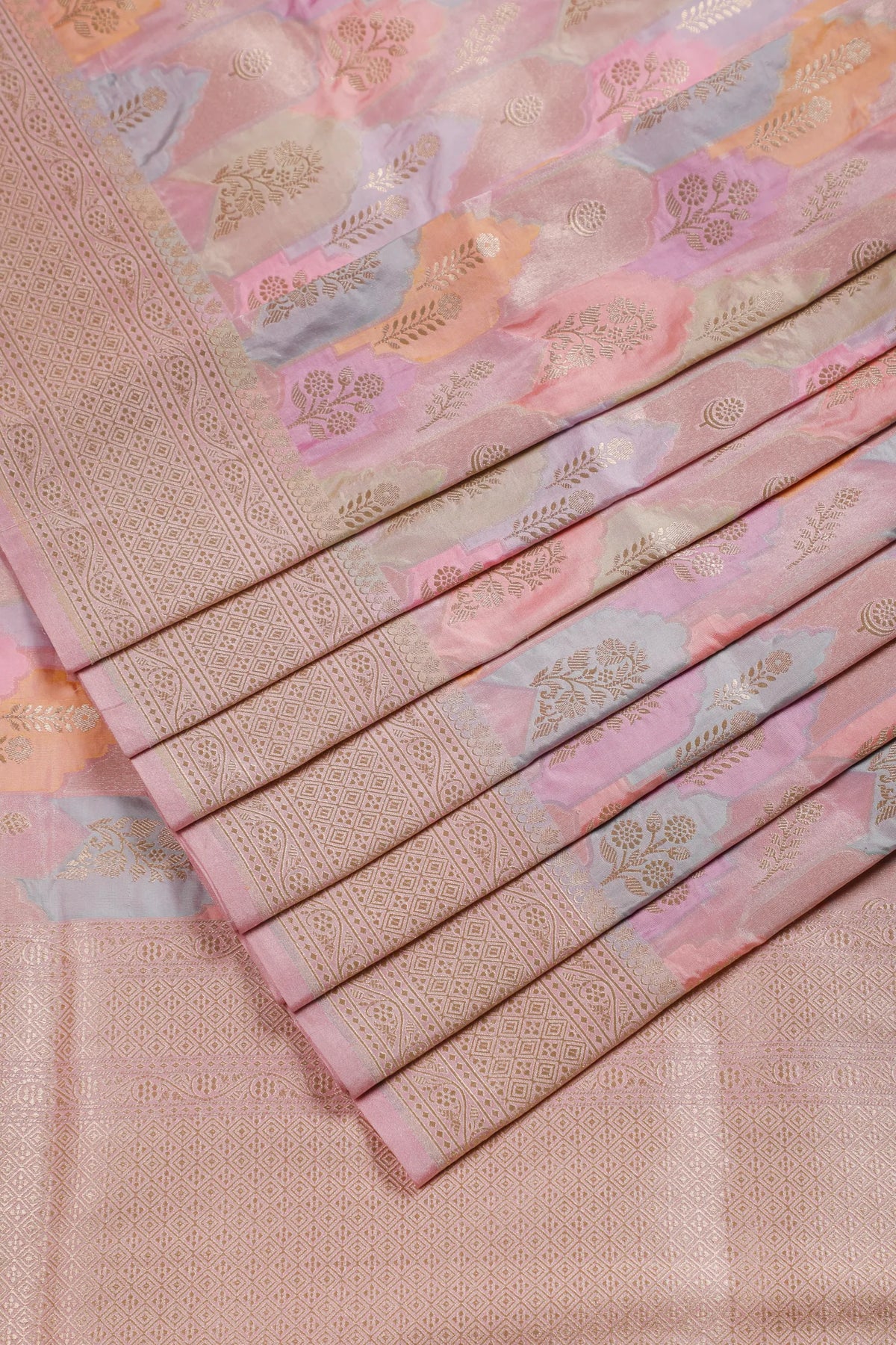 Multicoloured Pastel Handloom Benarasi Pure Silk Rangkat Saree with Floral Buttis