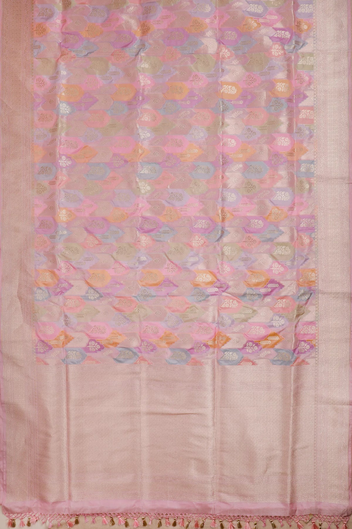 Multicoloured Pastel Handloom Benarasi Pure Silk Rangkat Saree with Floral Buttis