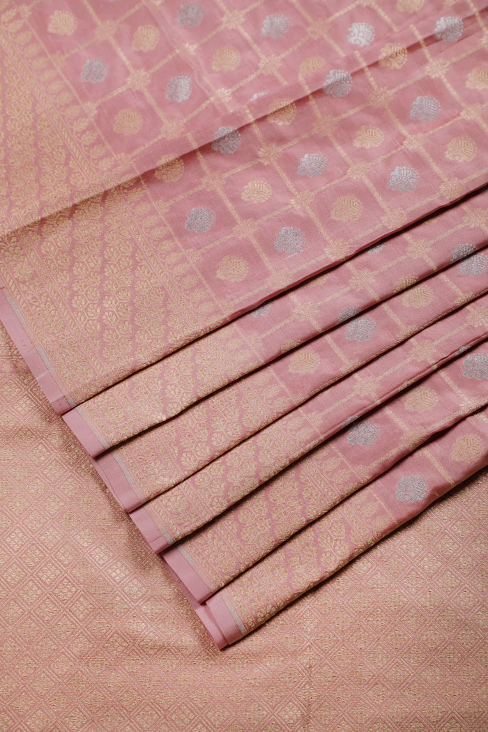 Baby Pink Handloom Benarasi Katan Silk Saree with Checks