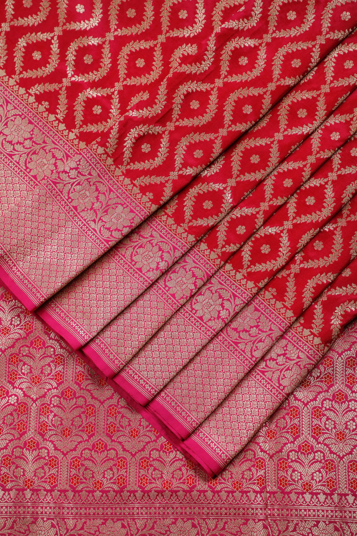 Red & Pinl Handloom Benarasi Katan Silk Saree