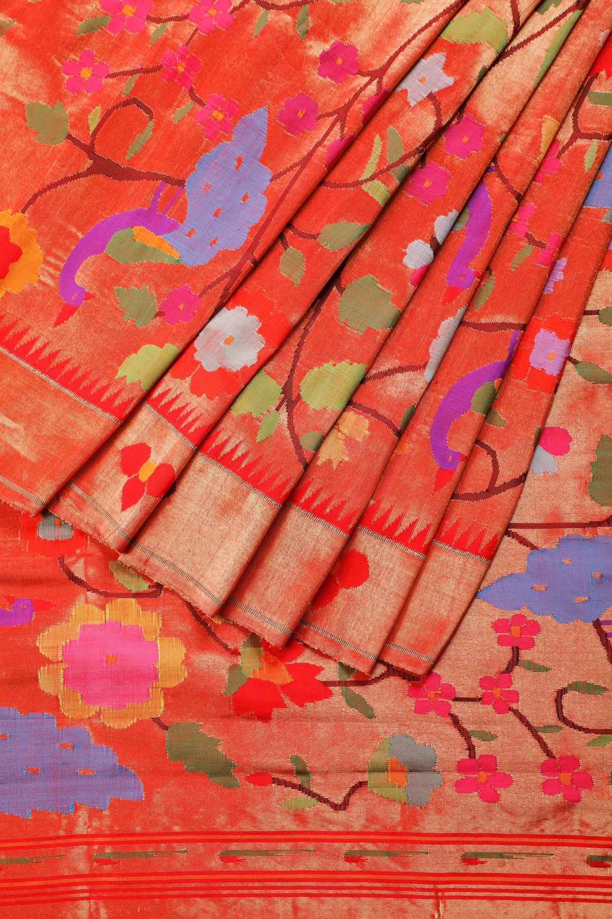 Red Pure Silk Handloom Tissue Paithani with All Over Design