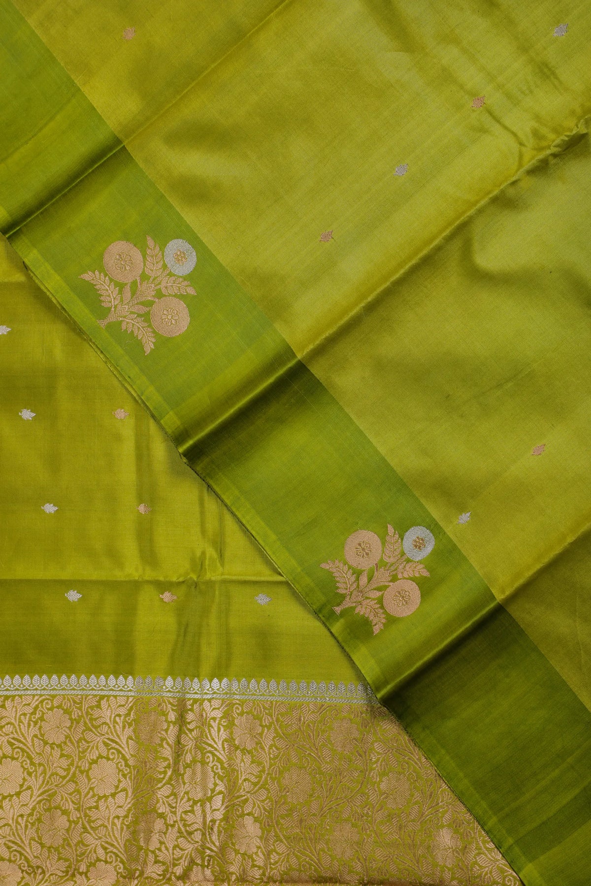 Olive Green Pure Silk Handloom Mashru Benarasi Saree with Striped Blouse Piece