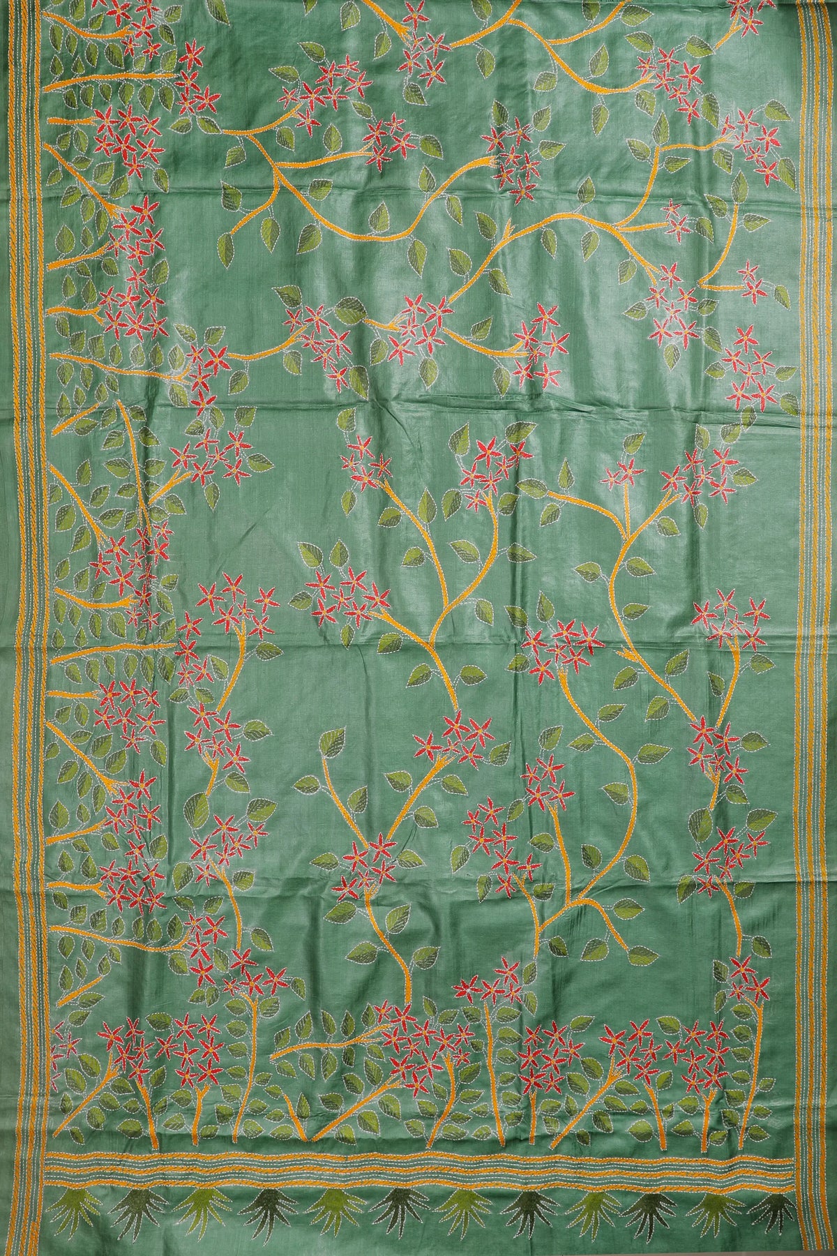 Green Handloom Pure Silk Katha Work Saree