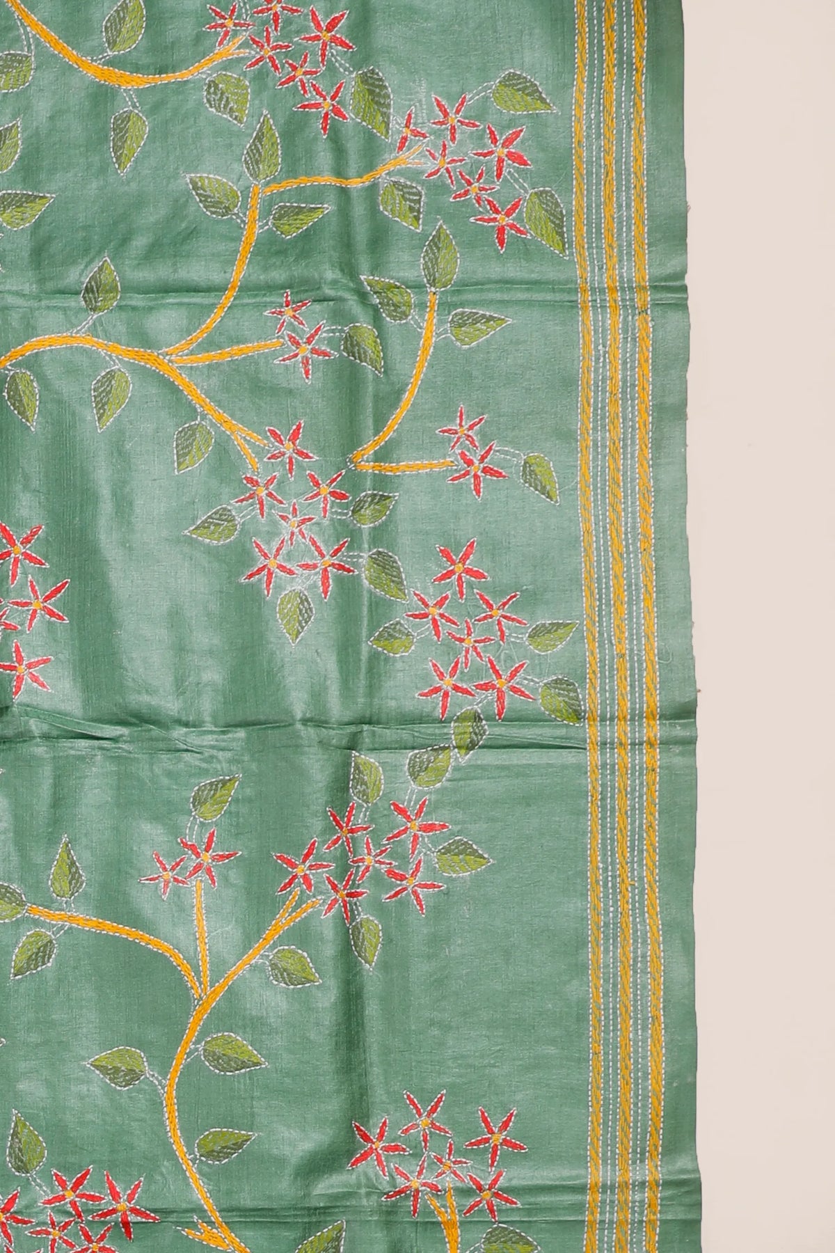 Green Handloom Pure Silk Katha Work Saree