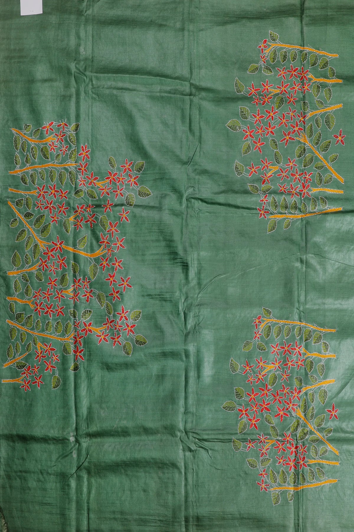 Green Handloom Pure Silk Katha Work Saree