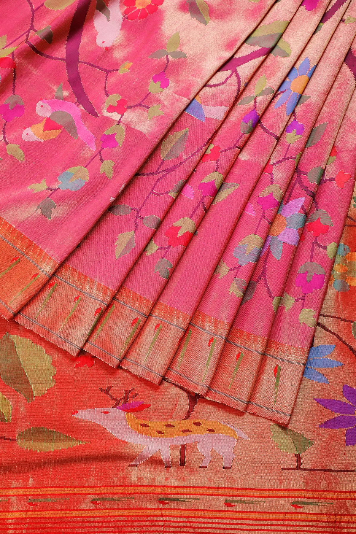 Peach Pure Silk Handloom Tissue Paithani with All Over Design & Forest Pattern
