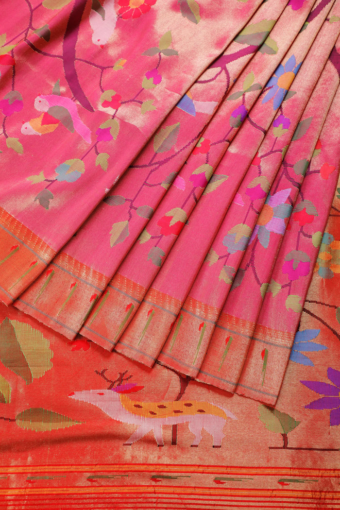 Peach Pure Silk Handloom Tissue Paithani with All Over Design & Forest Pattern